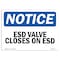 Signmission OSHA Notice Sign, ESD Valve Closes On ESD, 18in X 12in Aluminum, 12" W, 18" L, Landscape OS-NS-A-1218-L-12176 - alternate 1